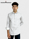 SINGH men's printed formal shirt white with grey geometric pattern long sleeves and buttoned collar