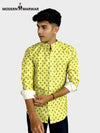 SINGH men's printed kurta yellow with black print design and white rolled cuffs