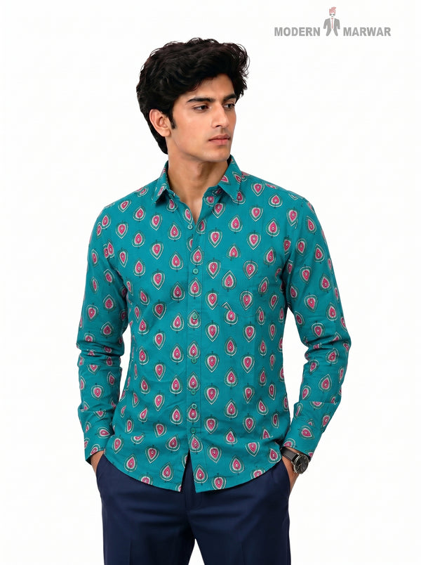 M Shirt in Teal Cotton, Front View of SINGH mens sanganery floral shirts