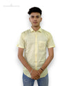 SINGH men's short sleeve yellow shirt with subtle pattern worn by a male model