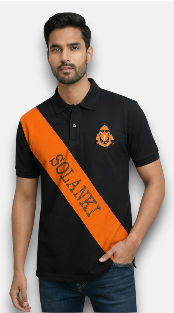 M'TSHIRTS in black cotton fabric, front view of MEN'S SOLANKI LOBO T-SHIRTS with orange sash
