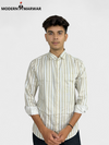 SINGH men's striped casual shirt in white and beige with full sleeves worn by male model