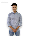 SINGH men's striped casual shirt in light gray worn by a male model with rolled sleeves
