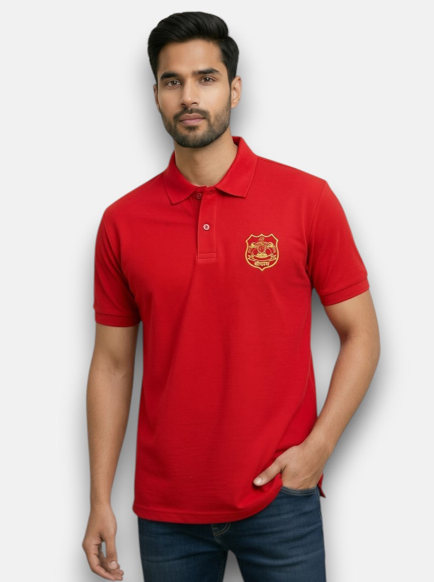 M'TSHIRTS red cotton polo shirt front view featuring mens tshirts sodha lobo design