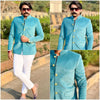 Stylish MODERN MARWAR men's wedding coat suit in turquoise with golden buttons, perfect for festive occasions
