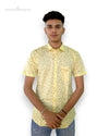 SINGH men's yellow printed shirt with short sleeves and front pocket worn by male model