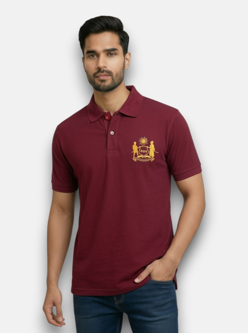 M'TSHIRTS in maroon cotton fabric with logo design, showing mewar logo tshirts from the front angle