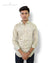 Singh men's formal shirt beige with subtle pattern worn by a young man with folded sleeves