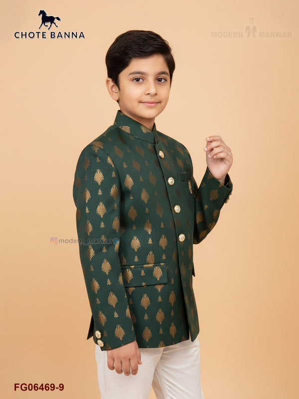Stylish Jodhpuri suit for boys in dark green with golden motifs, perfect for festive occasions
