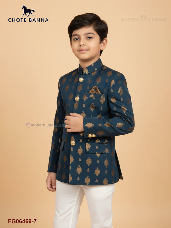 Elegant Jodhpuri suit for boys in navy blue with golden motifs, perfect for festive occasions