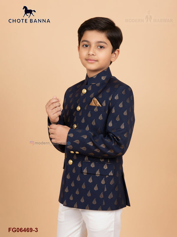 Elegant Jodhpuri suit for boys in navy blue with golden motifs and stylish buttons