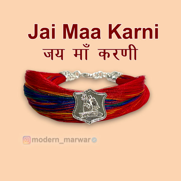 Karni Mata moli for men with colorful threads and protective charm featuring Jai Maa Karni inscription