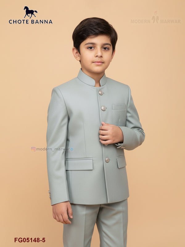 Stylish kids Jodhpuri suit in light grey by CHOTTE BANNA, perfect for festive occasions