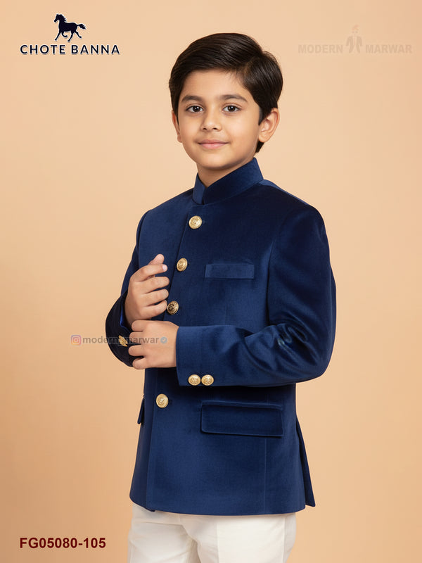 Elegant navy blue kids jodhpuri suit by Chotte Banna featuring gold buttons and a stylish collar