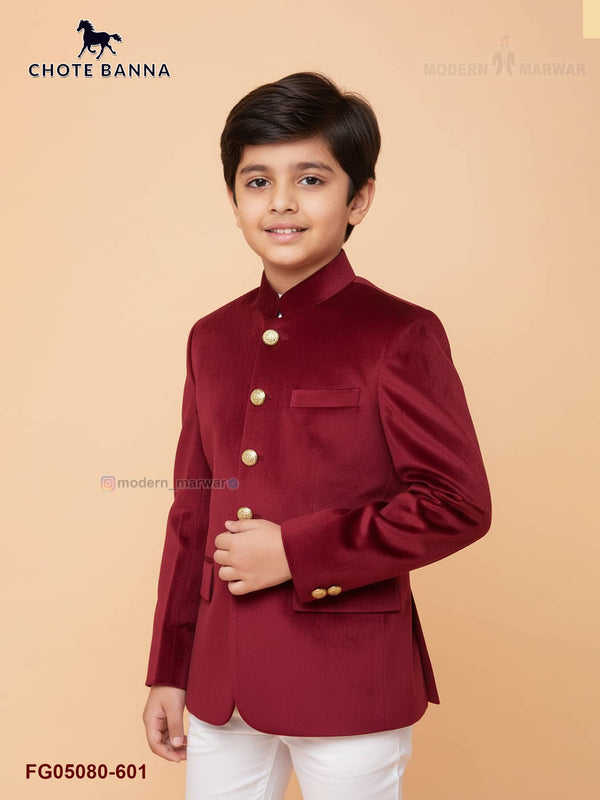 Burgundy kids jodhpuri suit from CHOTTE BANNA featuring a stylish design with gold buttons
