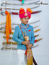 Kids Jodhpuri velvet coat suit in blue with decorative turban and sword for festive occasions