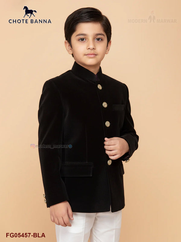 Kids velvet Jodhpuri Suits by CHOTTE BANNA in black with elegant buttons and slim fit design