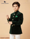 Kids velvet Jodhpuri Suits in green with stylish buttons and a pocket, perfect for festive occasions