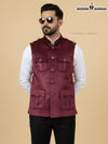 Stylish maroon velvet waistcoat for men with multiple pockets and button closure