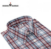 Modern Marwar men's checked shirts in red and blue plaid pattern with a classic collar and button detail