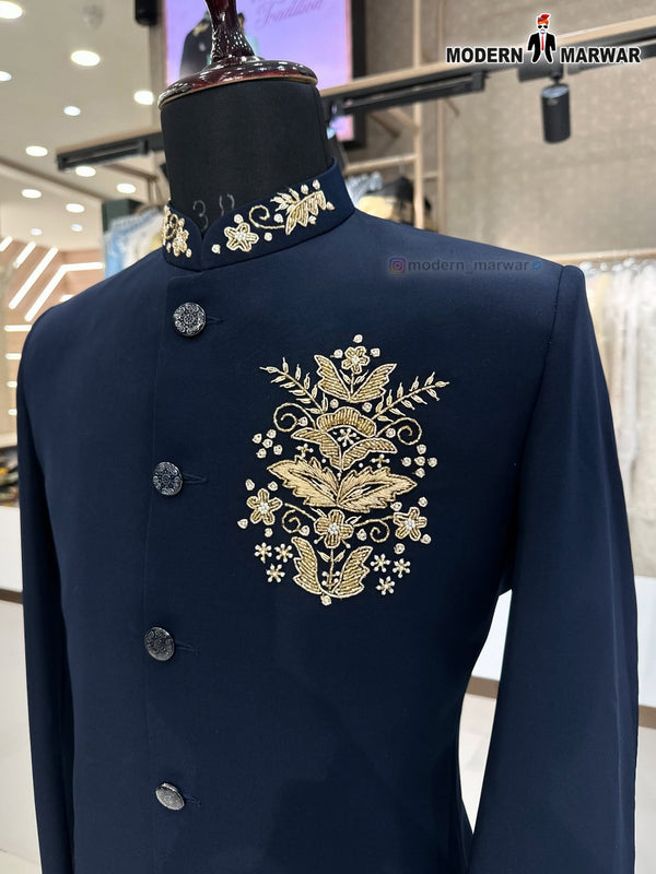 Men's Jodhpuri Suit by Modern Marwar with Embroidered Logo in navy blue color