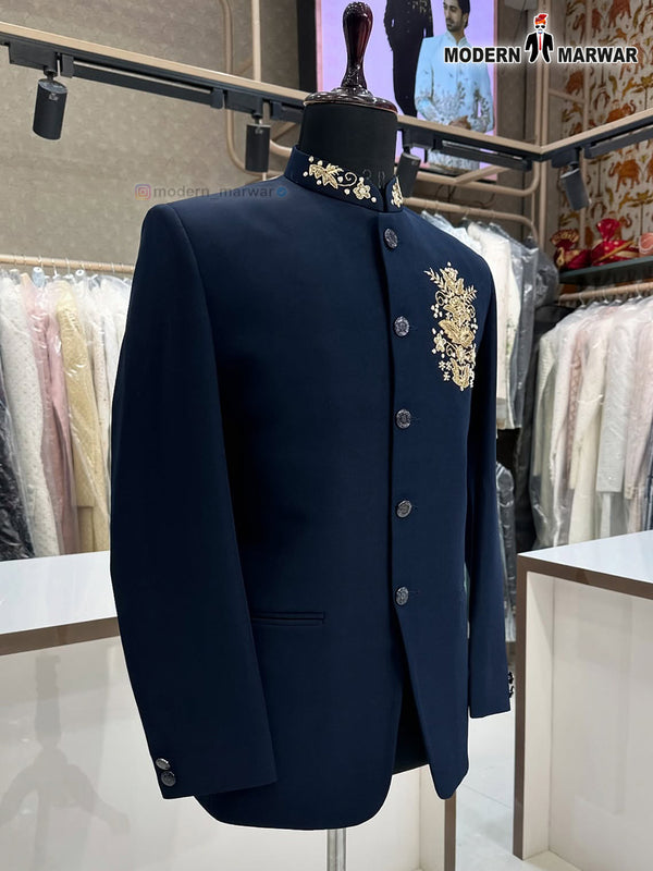 Elegant men's coat Embroidered Logo by Modern Marwar in navy blue showcasing exquisite craftsmanship