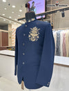 Modern Marwar men's coat Embroidered Logo in navy blue with intricate floral design and stylish buttons