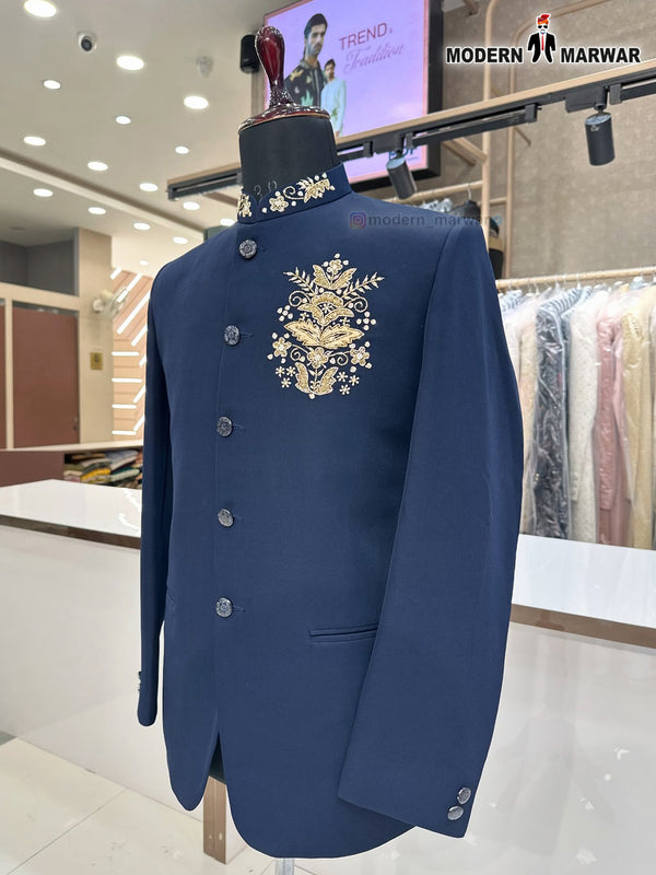 Modern Marwar men's coat Embroidered Logo in navy blue with intricate floral design and stylish buttons