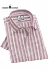 Singh men's striped casual shirt folded with pink and white vertical stripes and button-down collar
