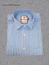 Modern Marwar men's striped formal shirt in light blue with a classic collar and chest pocket