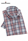 Folded Modern Marwar premium check shirt for men in red and blue plaid pattern