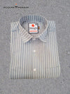 Folded premium men's striped shirt in gray with a classic collar and pocket detail