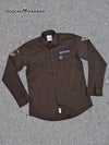 Brown Rajputana men's shirt by Modern Marwar with embroidered patches and button-down design