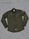 Rajputana men's shirt in olive green with patch details and button-up front from Modern Marwar