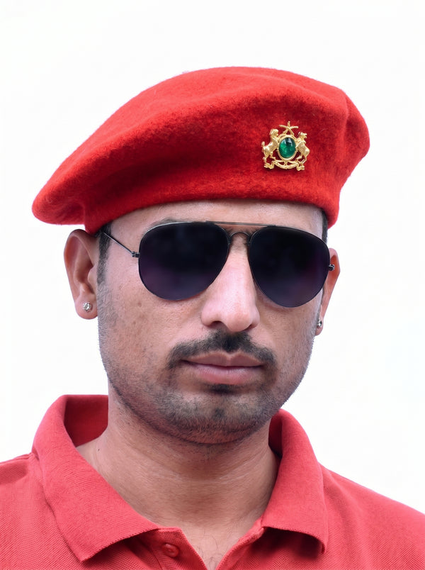 Default red beret cap in wool worn at an angle with Modern Marwar Red Beret Cap & Deora Lobo Combo
