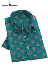 Sanganeri print men's shirt in teal with traditional pattern and button-down collar by Modern Marwar