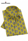 Sanganeri printed shirt by Modern Marwar featuring vibrant leaf patterns on a yellow background