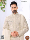 Elegant wedding groom sherwani combo in cream with intricate embroidery for a stylish look