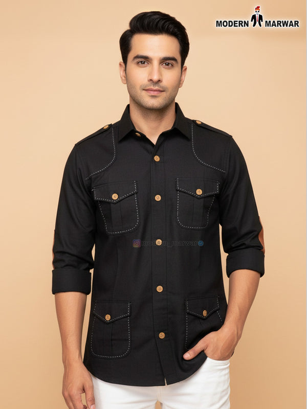 SINGH modern men's long sleeve shirt in black with utility pockets and stylish details
