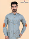SINGH modern men's long sleeve shirt in light green with shoulder epaulets and elbow patches