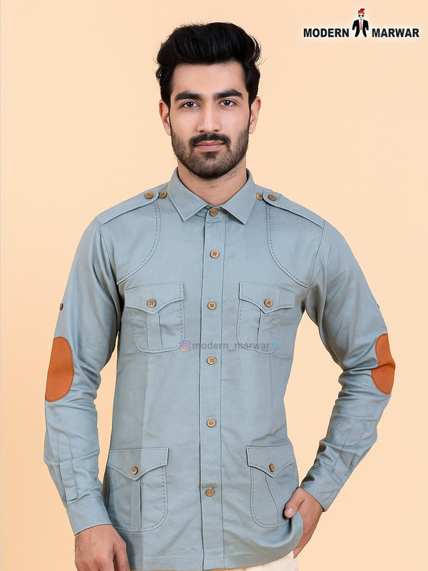 SINGH modern men's long sleeve shirt in light green with shoulder epaulets and elbow patches