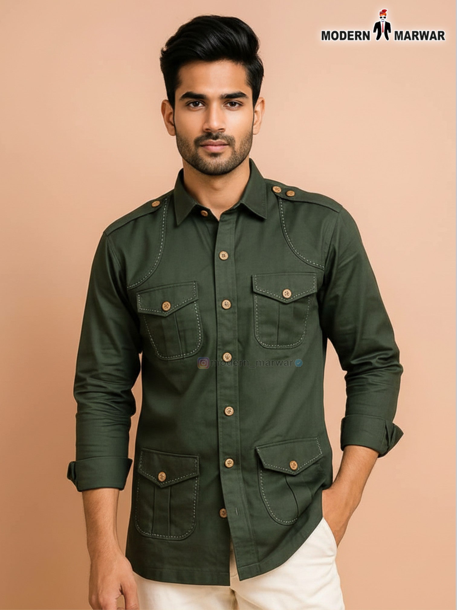 Modern men's long sleeve shirt in olive green with buttoned pockets and stylish design by SINGH