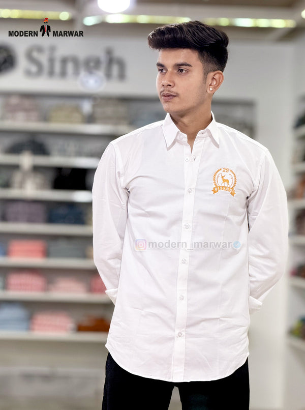 SINGH Bishnoi logo shirt white worn by a man with long sleeves and button-up front