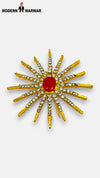 M WAIST USE Gold P PIN LOGO-6 Brooch with Red Stone and Sparkling Rhinestones