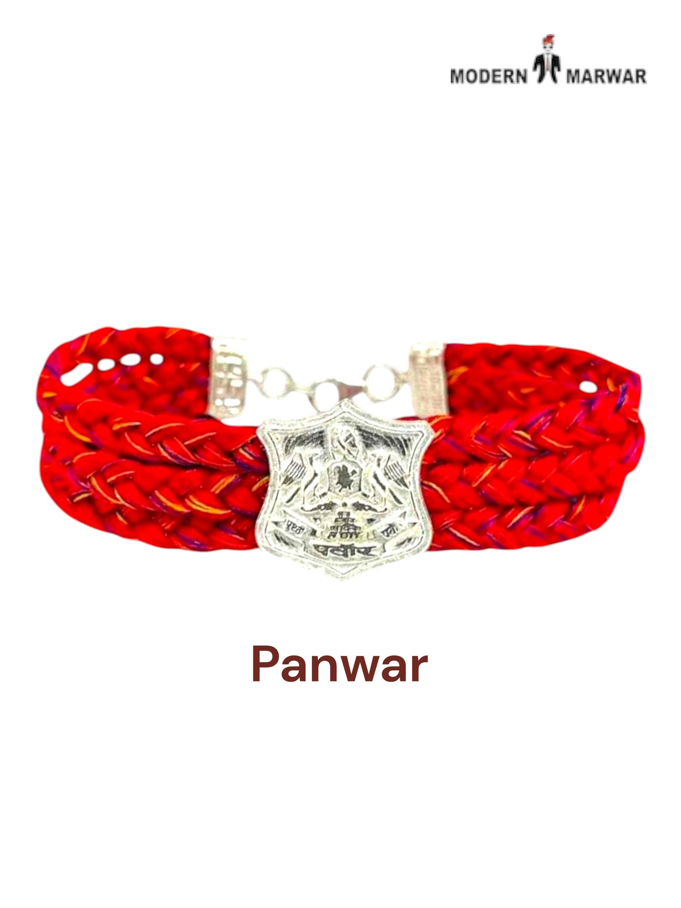 Default red fabric bracelet from SINGH featuring a Panwar logo moli bracelet design