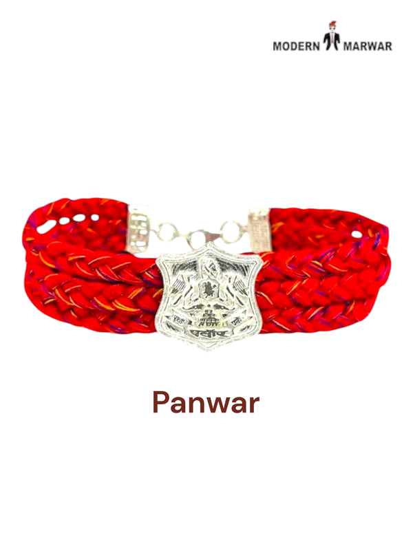Default red fabric bracelet from SINGH featuring a Panwar logo moli bracelet design