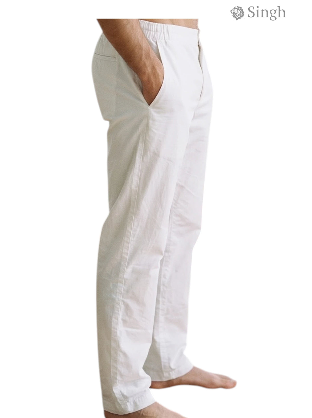 Man's White Cotton PAYJAMA-115-6 Side View with Pockets and Relaxed Fit