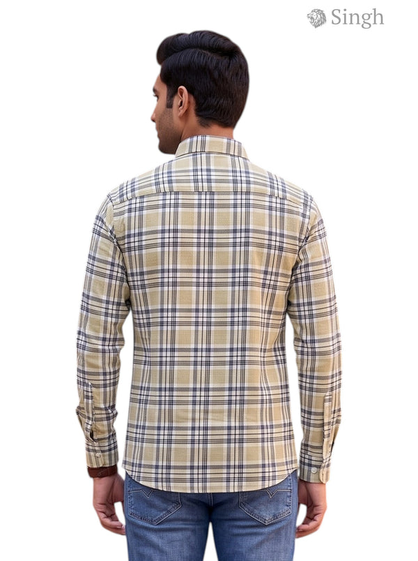 M Hunting Shirt in plaid brown and beige fabric, back view, featuring POPCORN 2P-26-5044-6-XL
