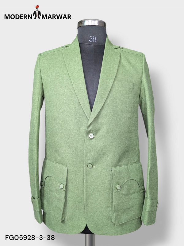 Stylish Modern Marwar premium gun pocket blazer in green featuring dual front pockets and a sleek design