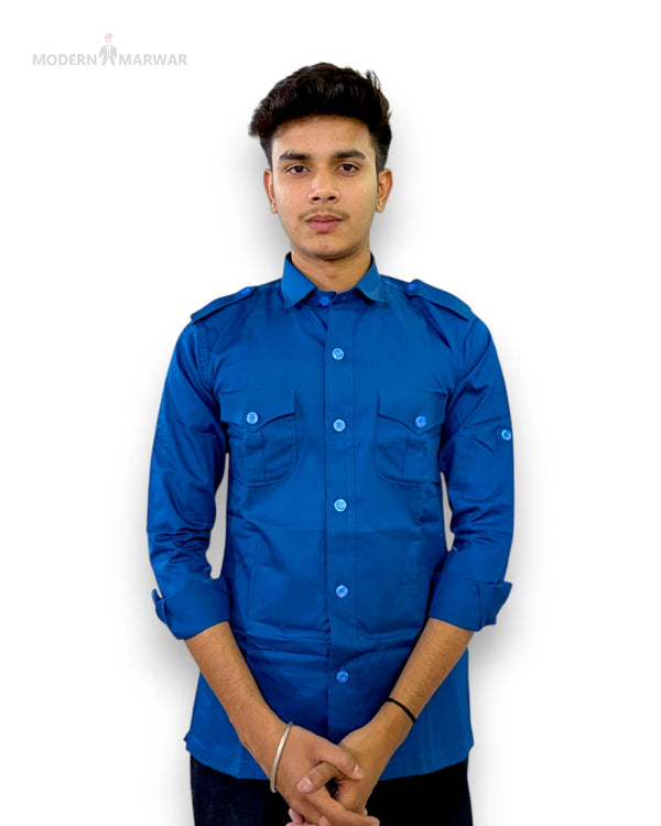 Modern Marwar premium linen shirt in blue with two chest pockets and button-up design
